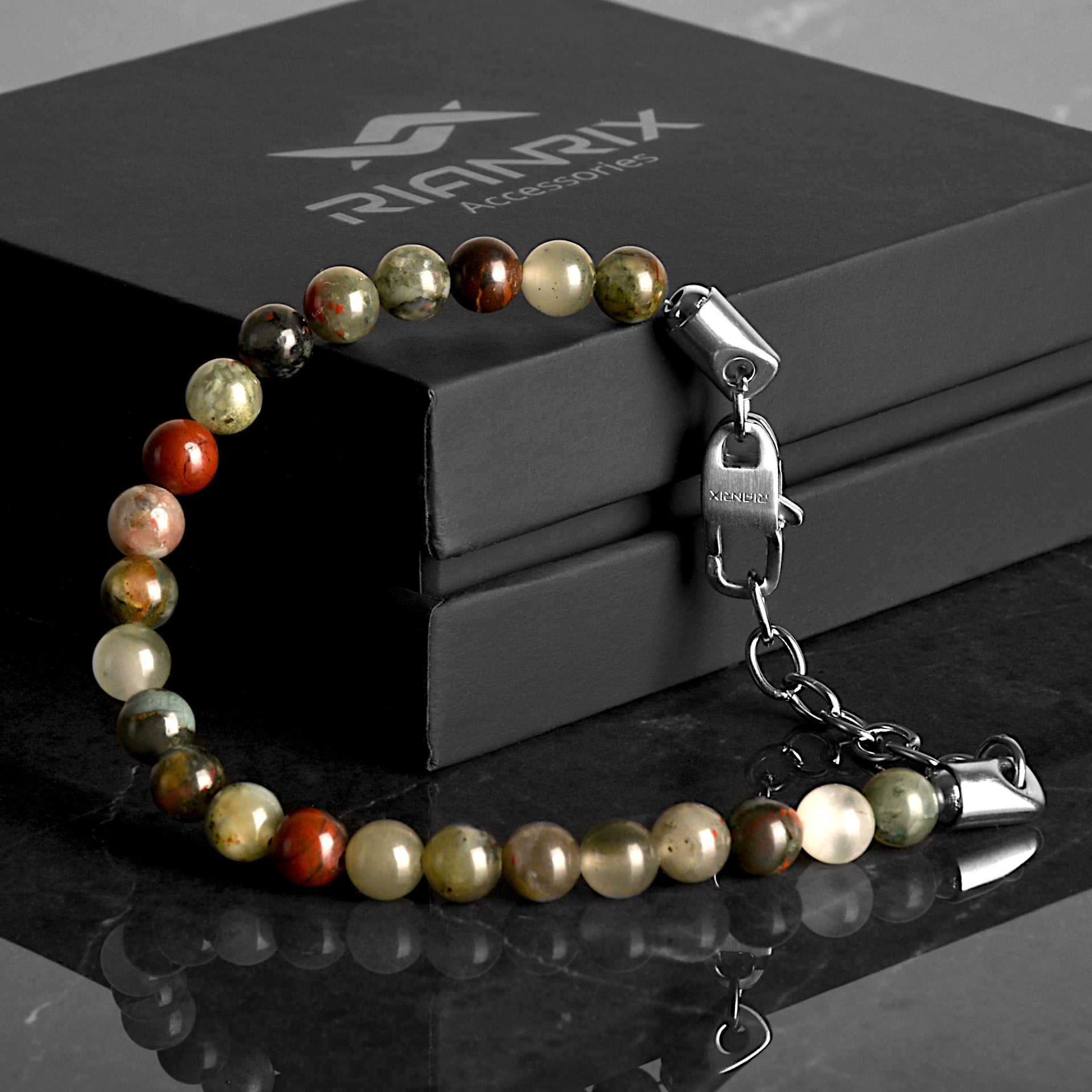 natural stone stainless steel bracelet on Rianrix giftbox, front view
