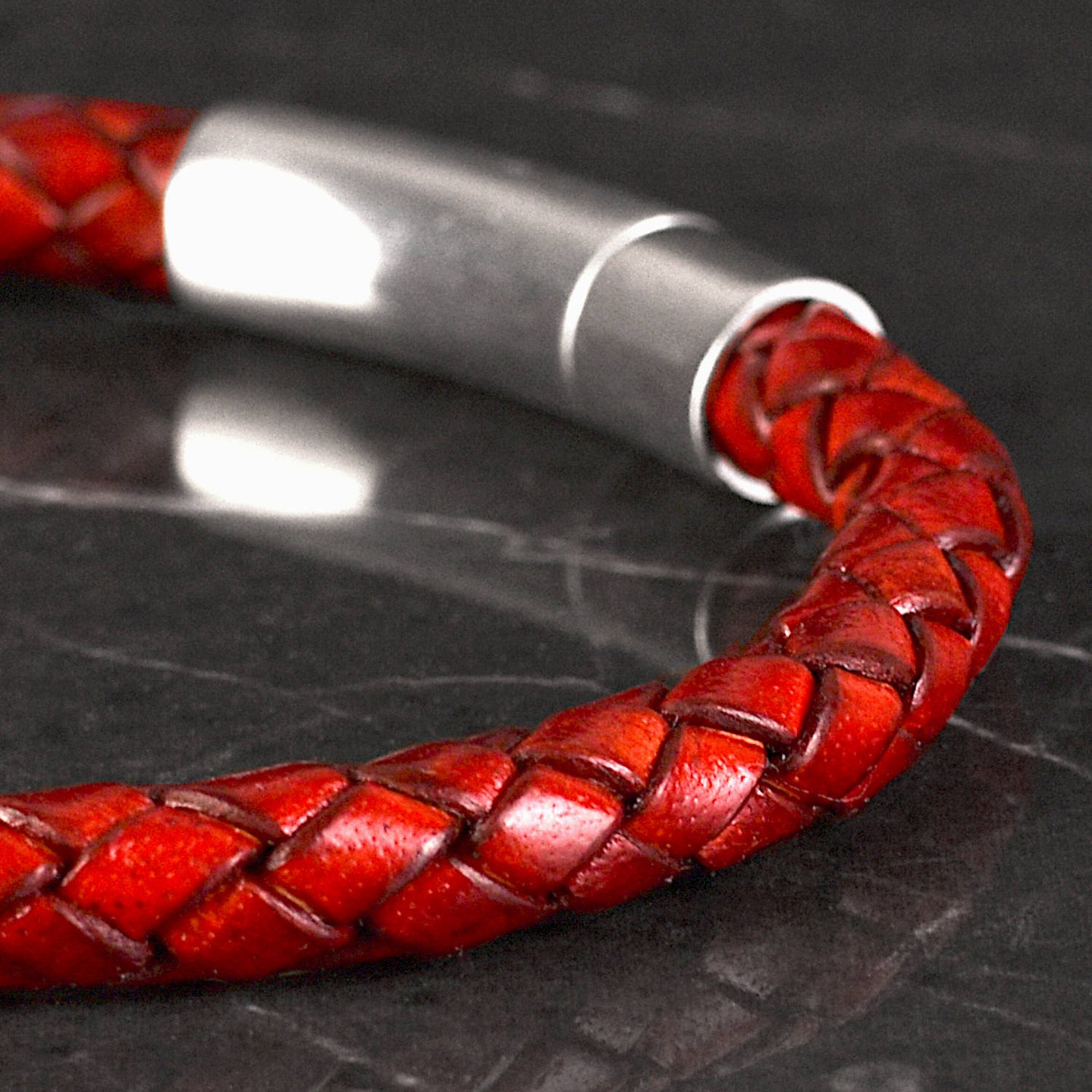 Alex Genuine Leather Bracelet in Antique Red, product picture close up