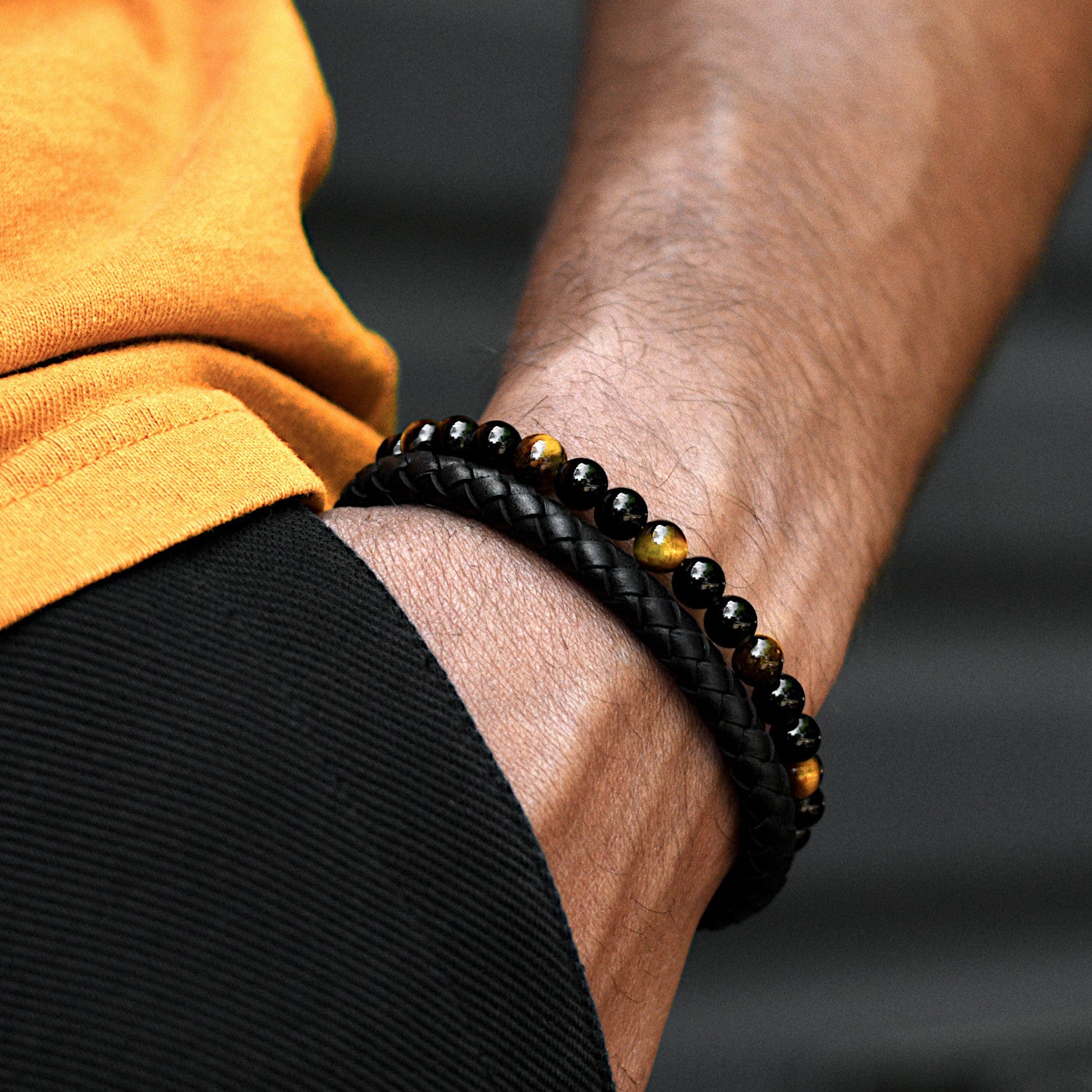 Daniel - Genuine leather bracelet with yellow tiger-eye beads, fashion picture close up