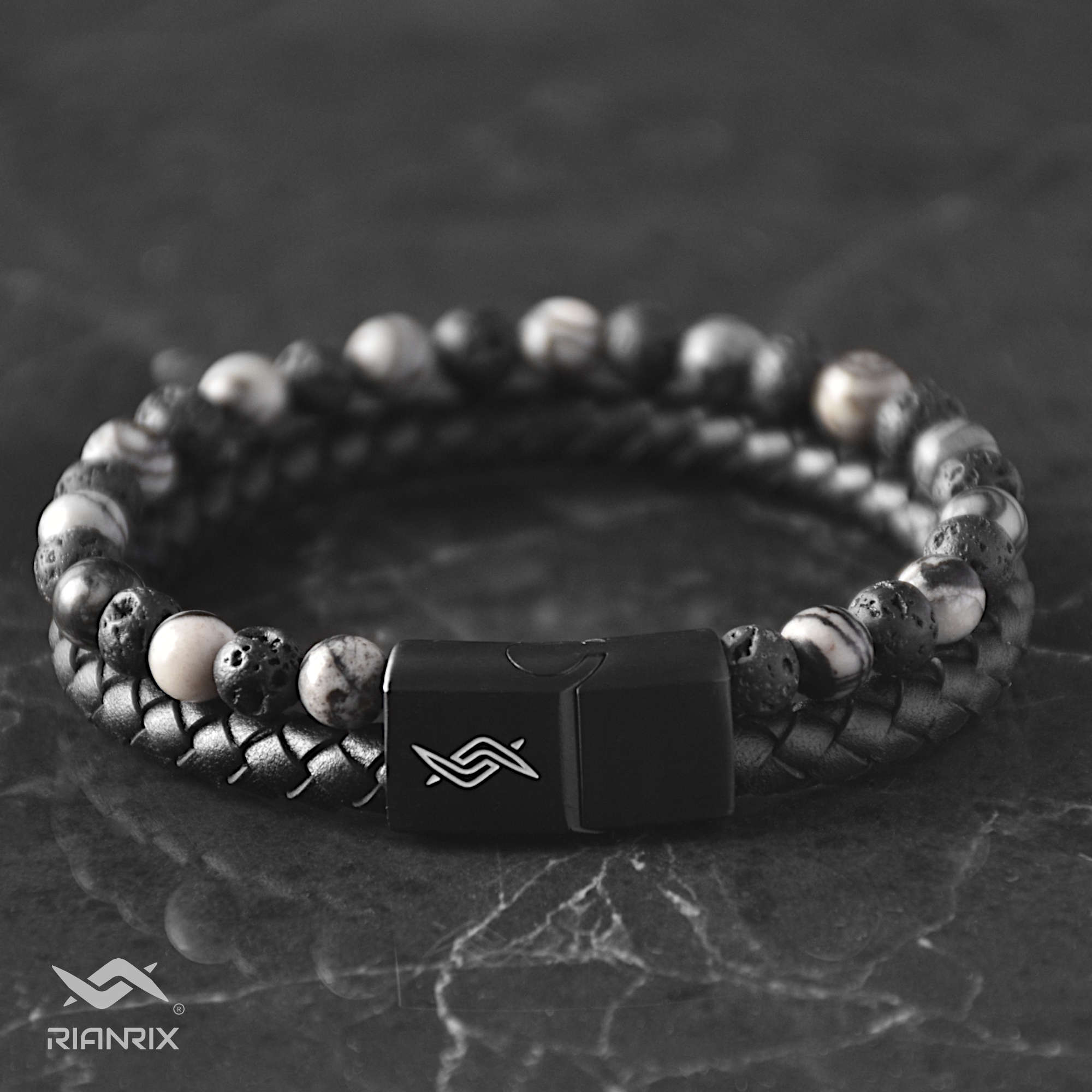 Dave - Genuine leather bracelet with lava & spiderweb beads