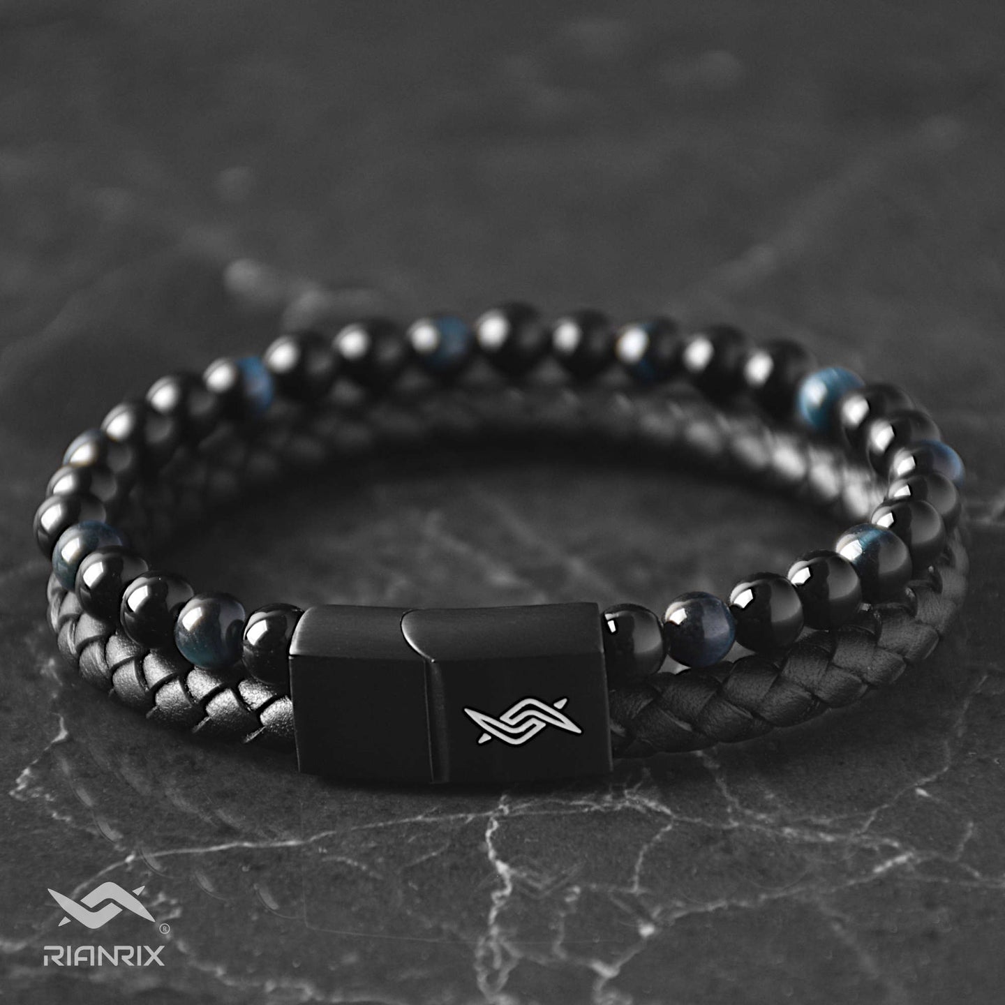 Eclipse - Genuine leather bracelet with blue tiger-eye beads