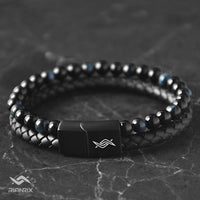 Eclipse - Genuine leather bracelet with blue tiger-eye beads