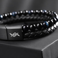 Eclipse - Leather bracelet with blue tiger-eye beads