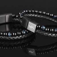 Eclipse - Genuine leather bracelet with blue tiger-eye beads