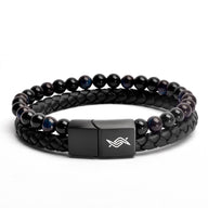 Eclipse - Genuine leather bracelet with blue tiger-eye beads