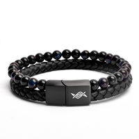 Eclipse - Genuine leather bracelet with blue tiger-eye beads
