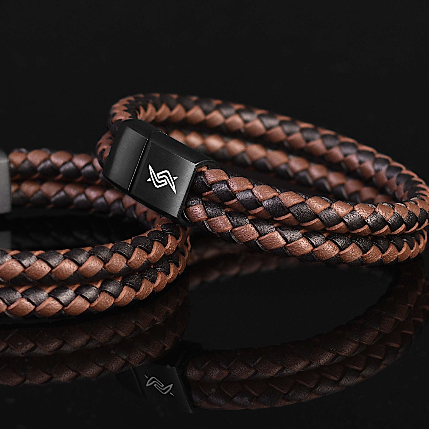 Granger - Interwoven brown & black genuine leather bracelet