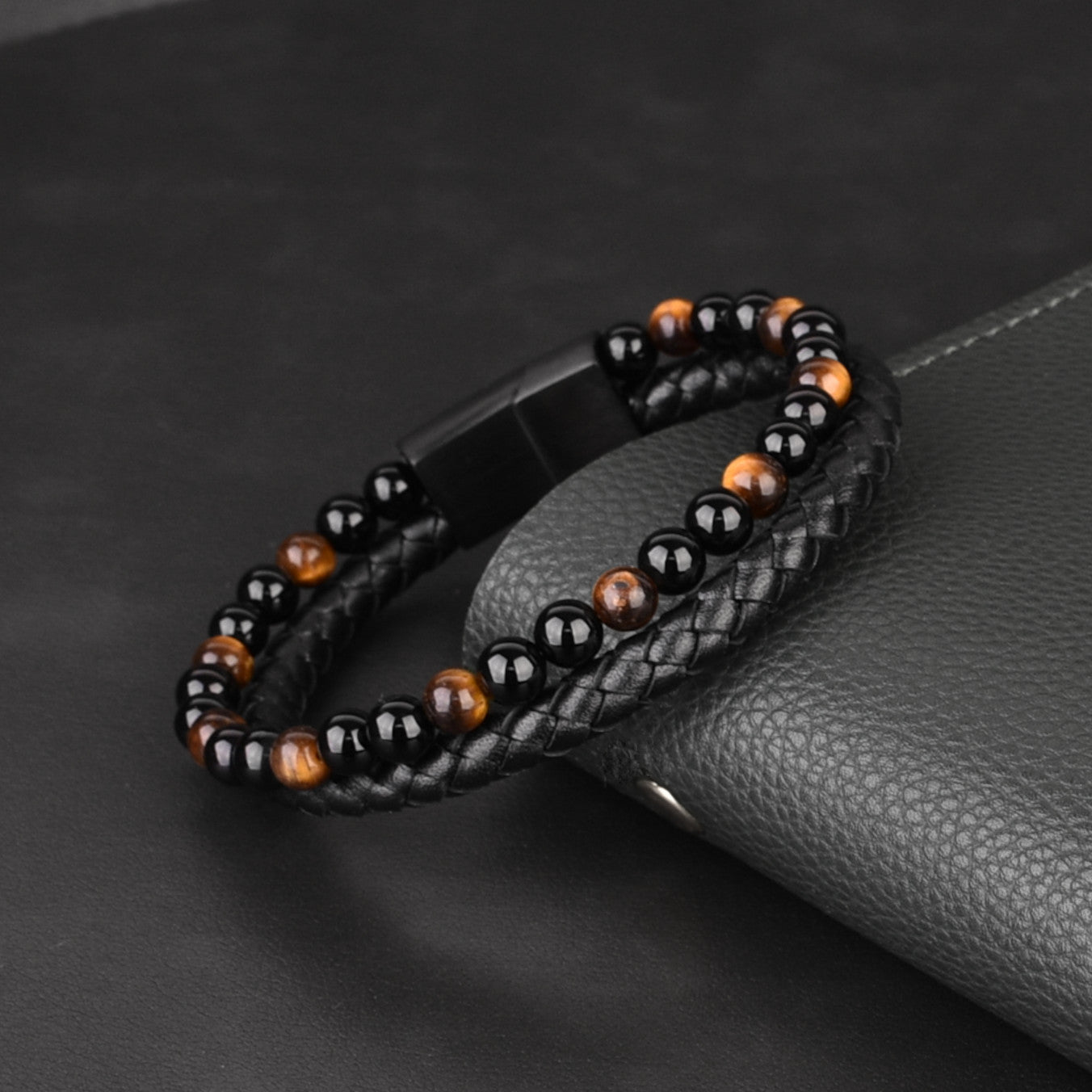 Rianrix multi-layer leather bracelet with tiger eye/black beads and brushed black 316 stainless steel clasp