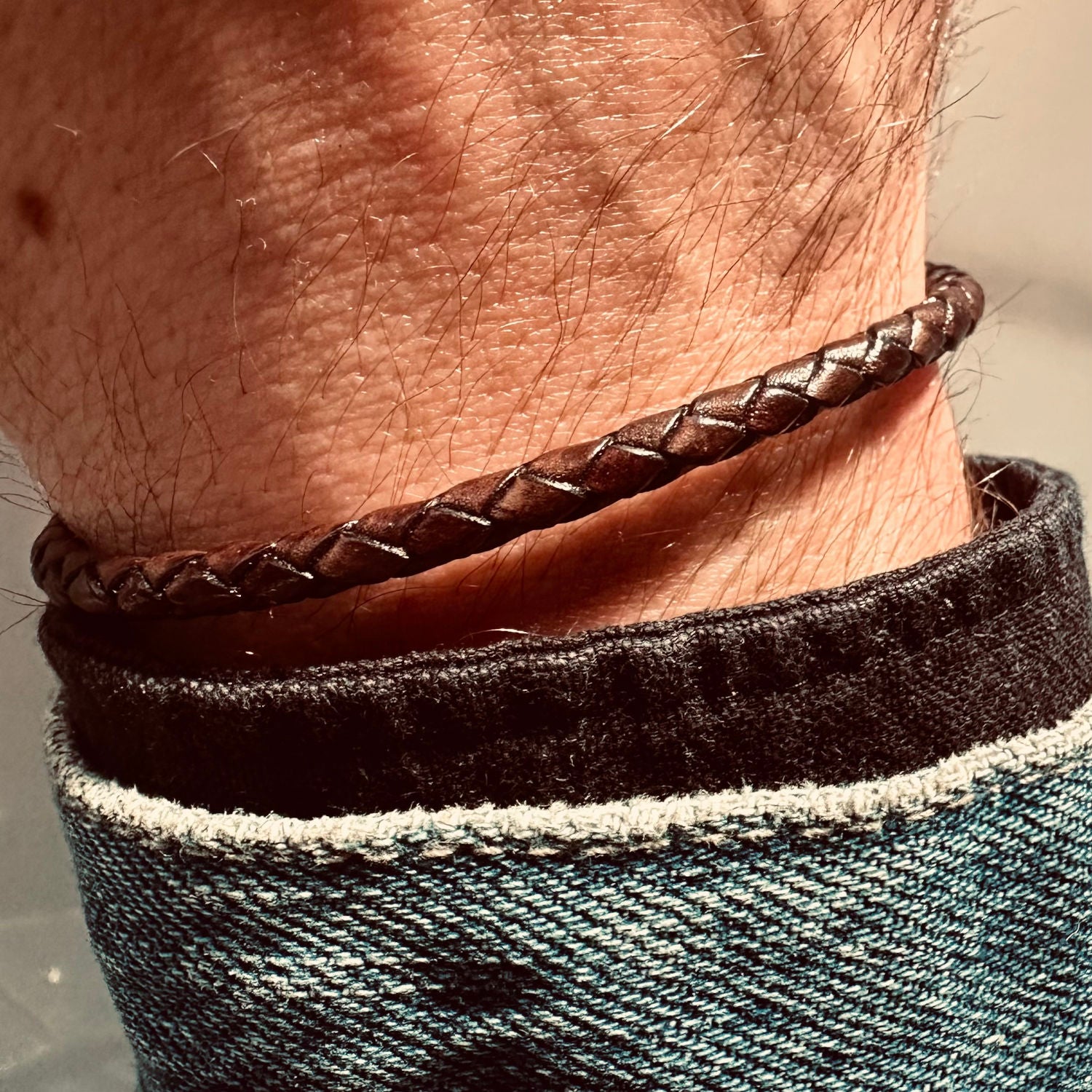 Wearing liam genuine leather bracelet dark brown, topside