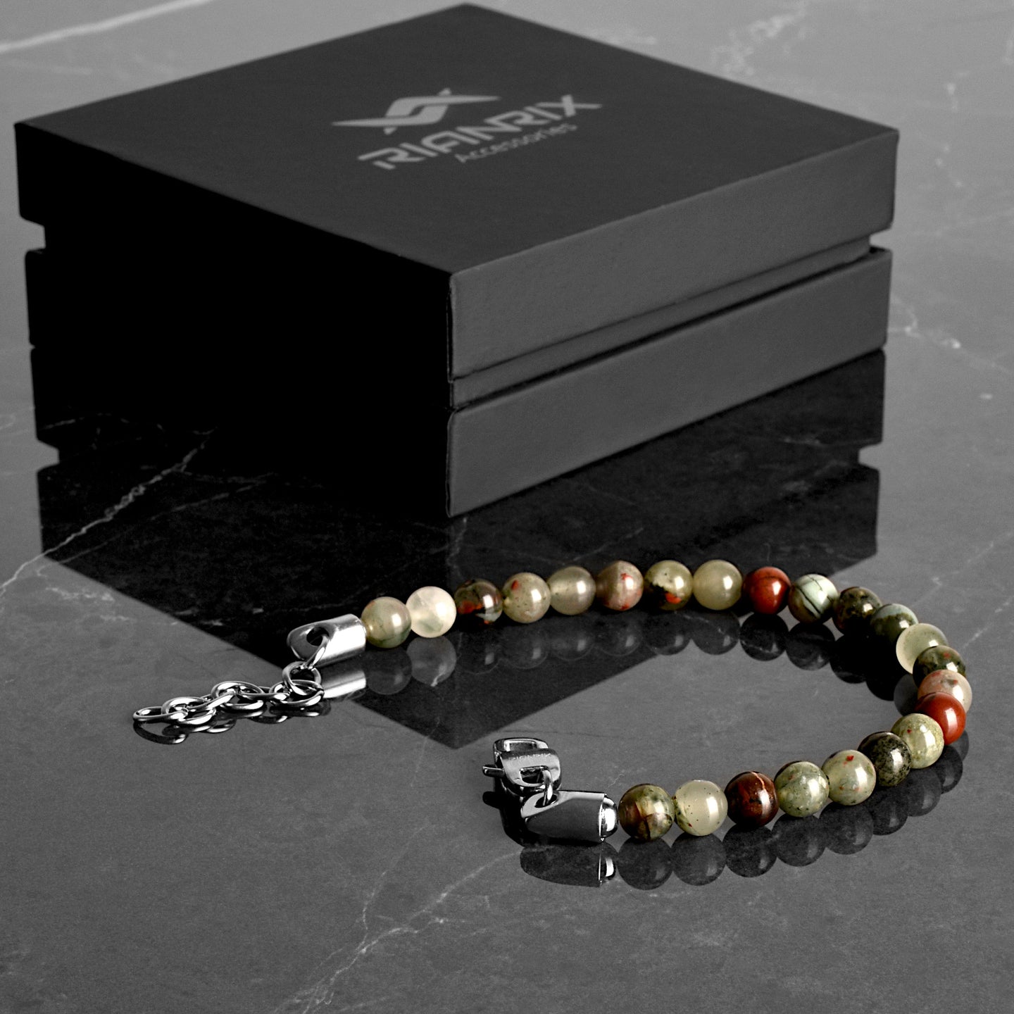 Max - African blood natural stone bracelet in front of giftbox