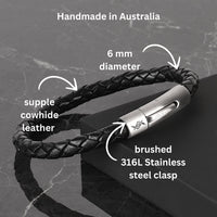 Raven - 6mm bolo genuine leather bracelet in classic black