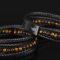 Aurum - Multi-layer leather bracelet with yellow-tiger eye beads & genuine leather cords