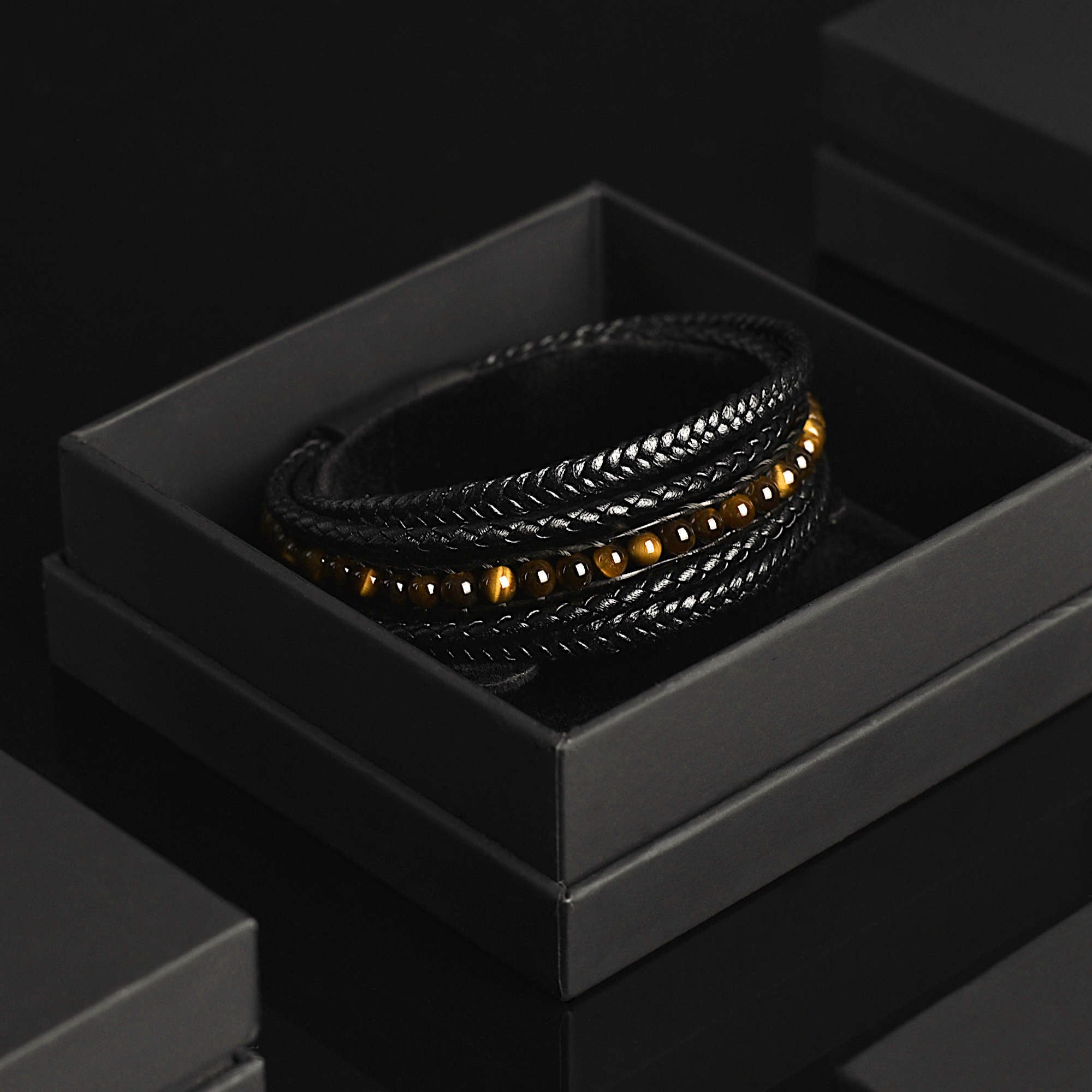 Aurum - Multi-layer leather bracelet with yellow-tiger eye beads & genuine leather cords