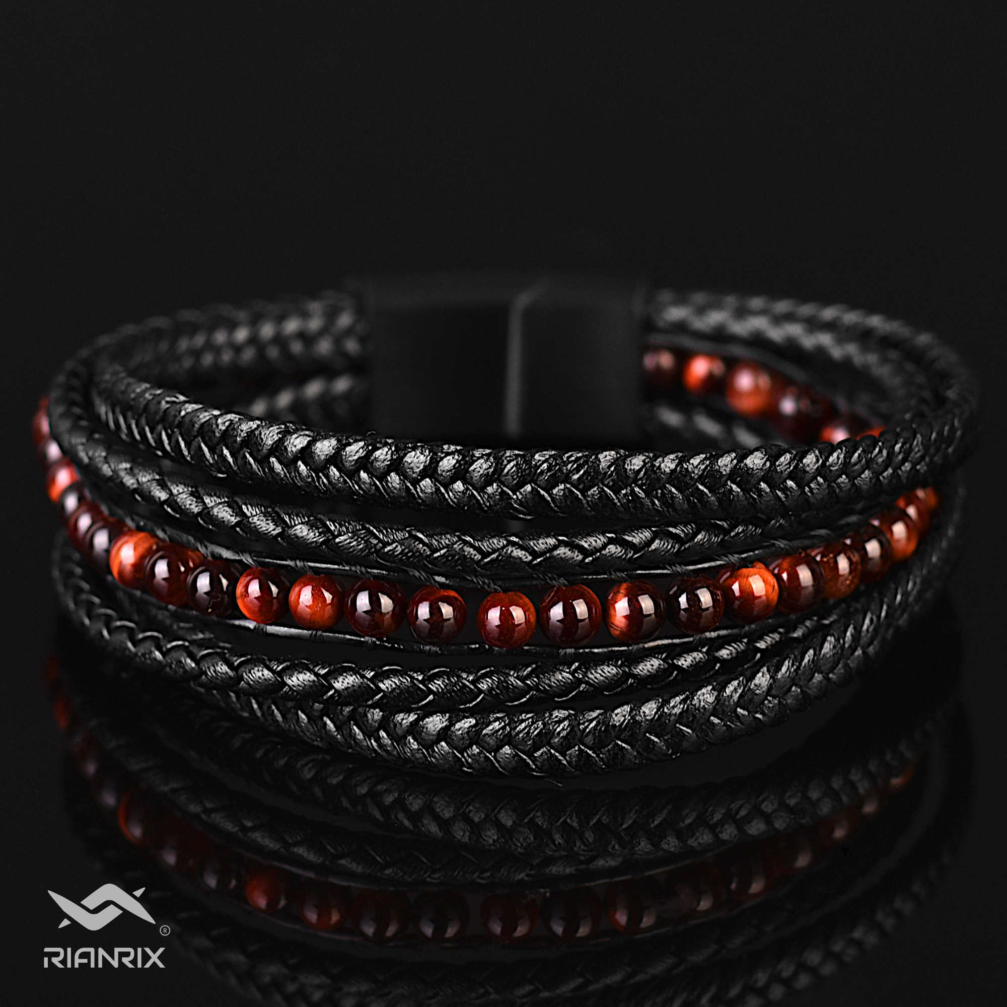 Matt - Multi-layer leather bracelet with red-tiger eye beads & genuine leather cords